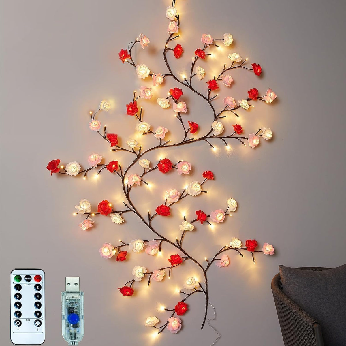 USB Powered LED Flower Vine String Lights with Remote Control