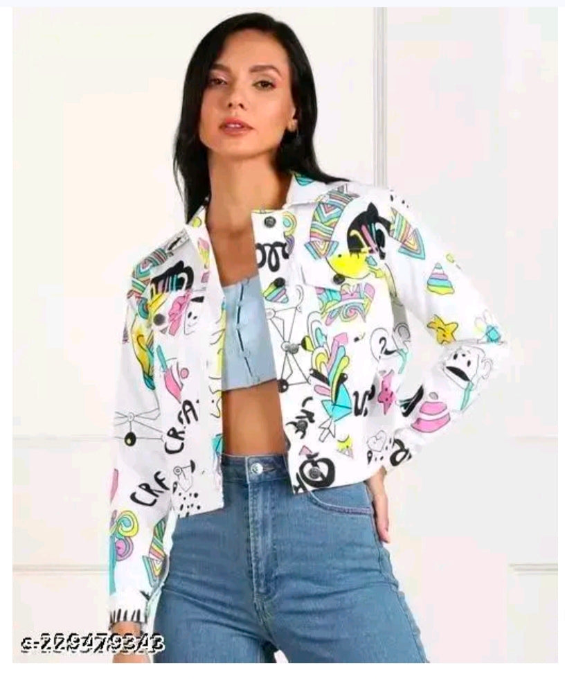 Trendy Multicolor Printed Denim Jacket for Women