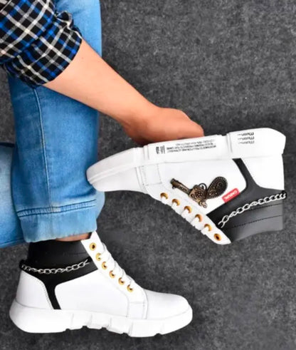 Men's White High-Top Sneakers with Stylish Gun and Chain.