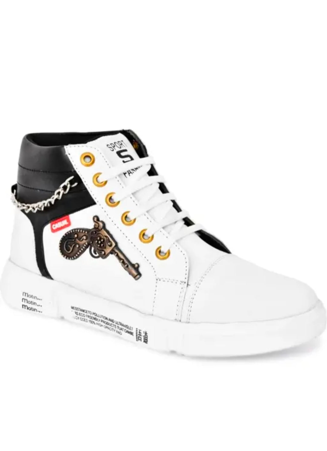 Men's White High-Top Sneakers with Stylish Gun and Chain.