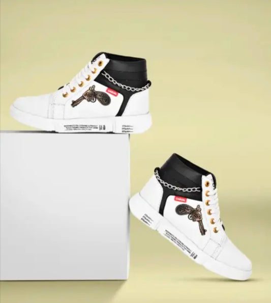 Men's White High-Top Sneakers with Stylish Gun and Chain.